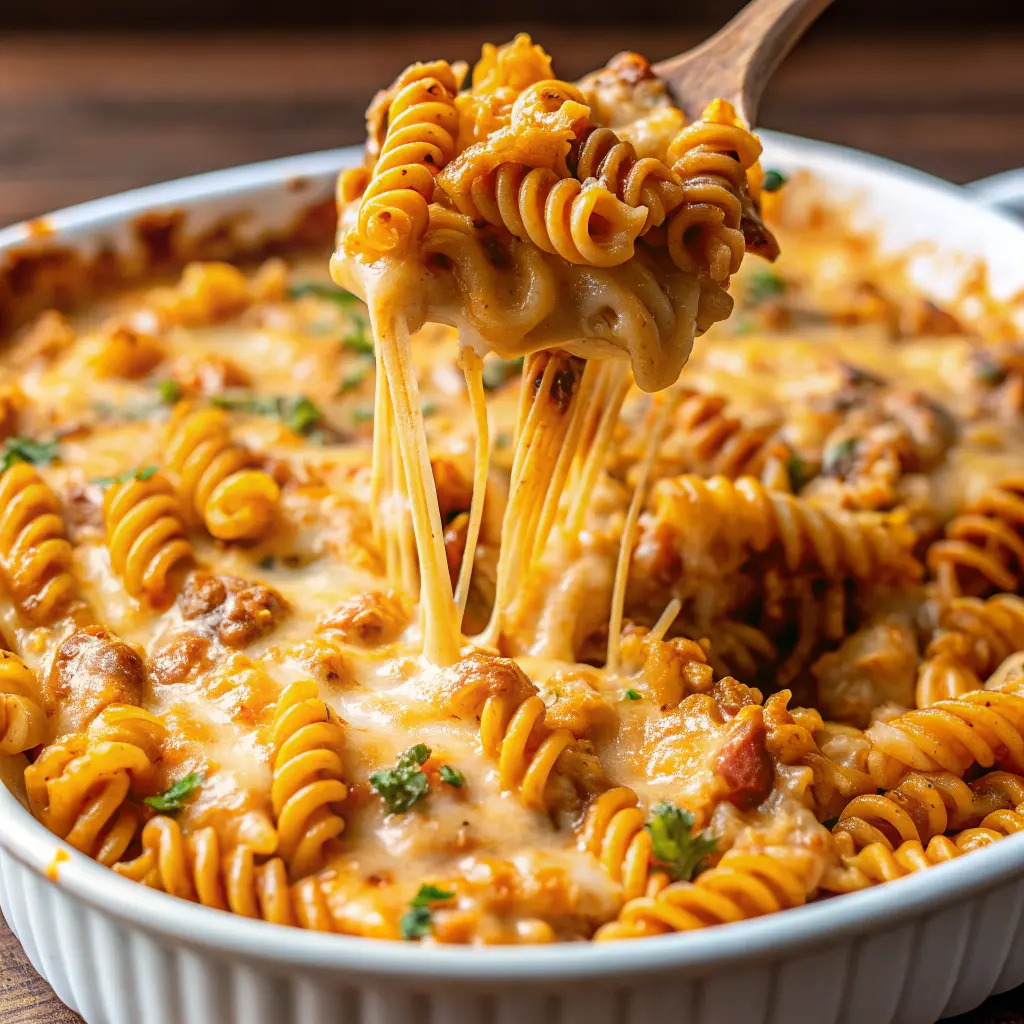 Cheesy Rotel Pasta Bake Recipe in a casserole dish, topped with melted golden cheese