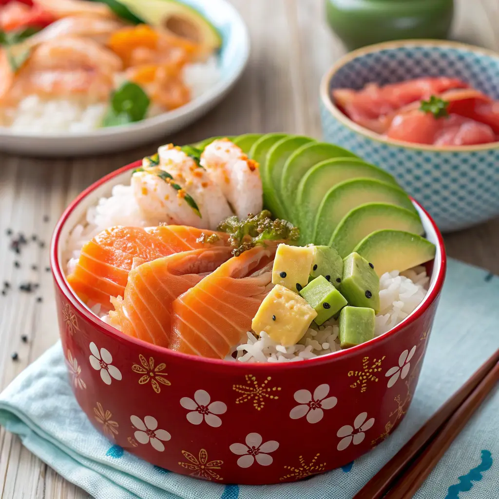 Colorful Chirashi Sushi Recipe bowl with sushi rice, sashimi, egg, and vegetables