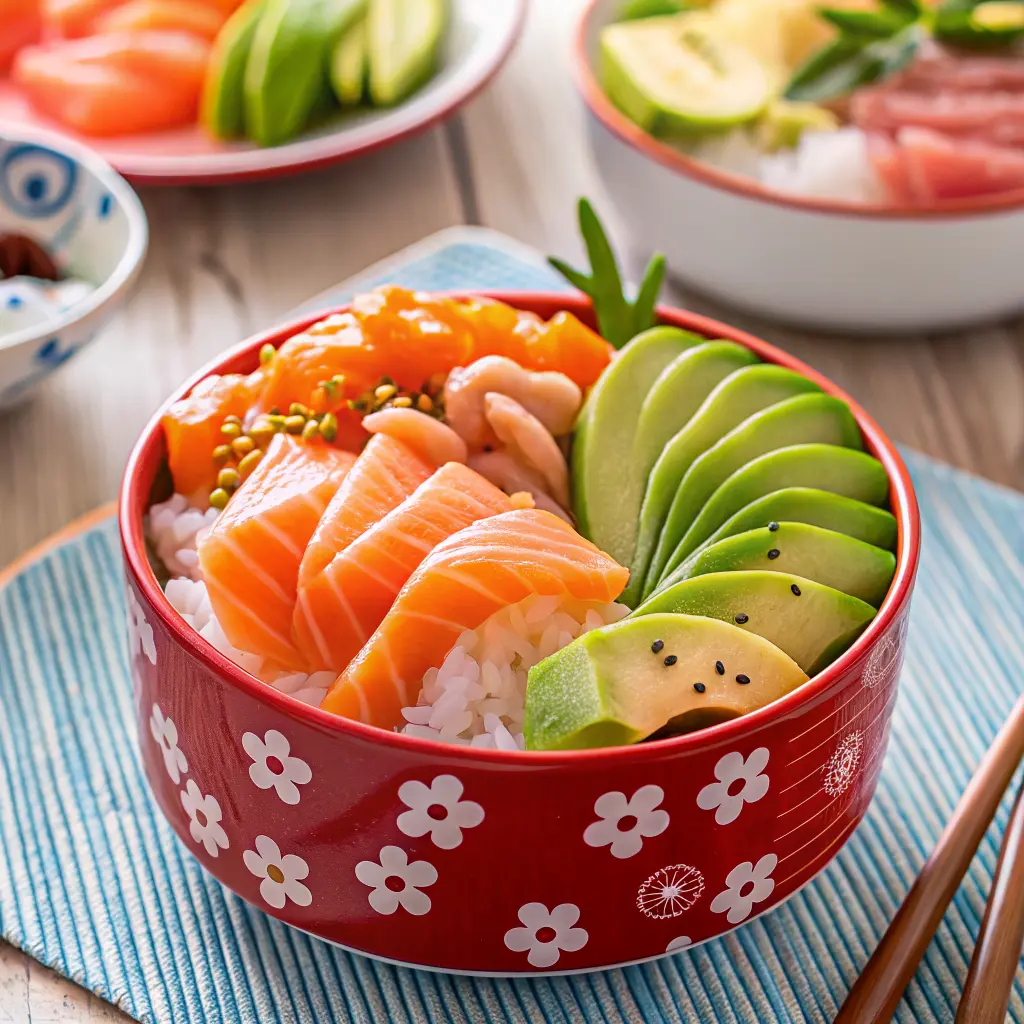 Colorful Chirashi Sushi Recipe bowl with sushi rice, sashimi, egg, and vegetables