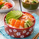 Colorful chirashi sushi Recipe bowl with sushi rice, sashimi, egg, and vegetables