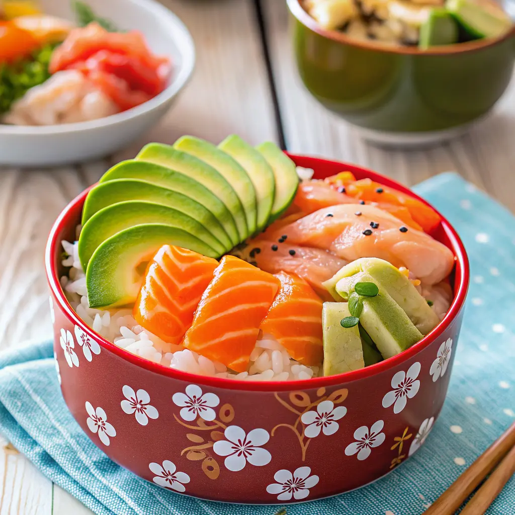 Colorful chirashi sushi Recipe bowl with sushi rice, sashimi, egg, and vegetables