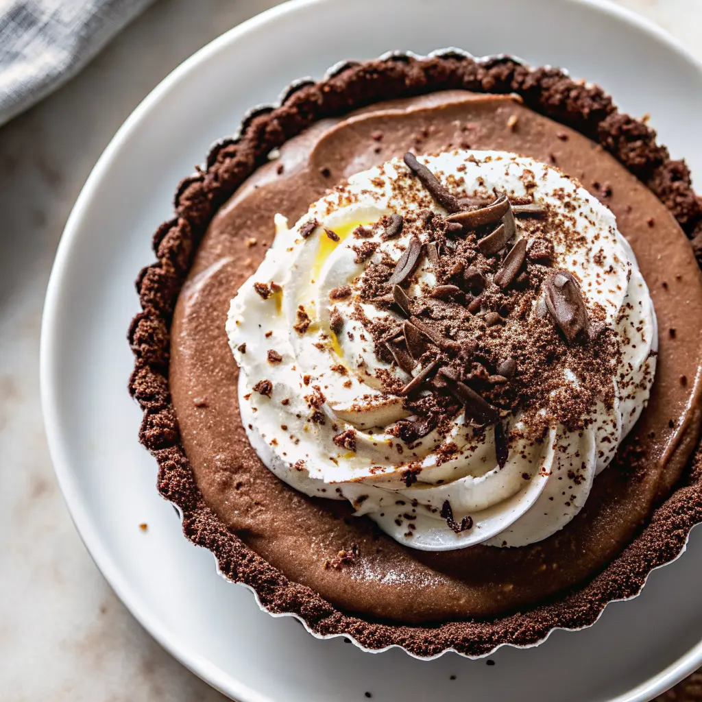 Chocolate Espresso Cream Pie with whipped cream and chocolate curls