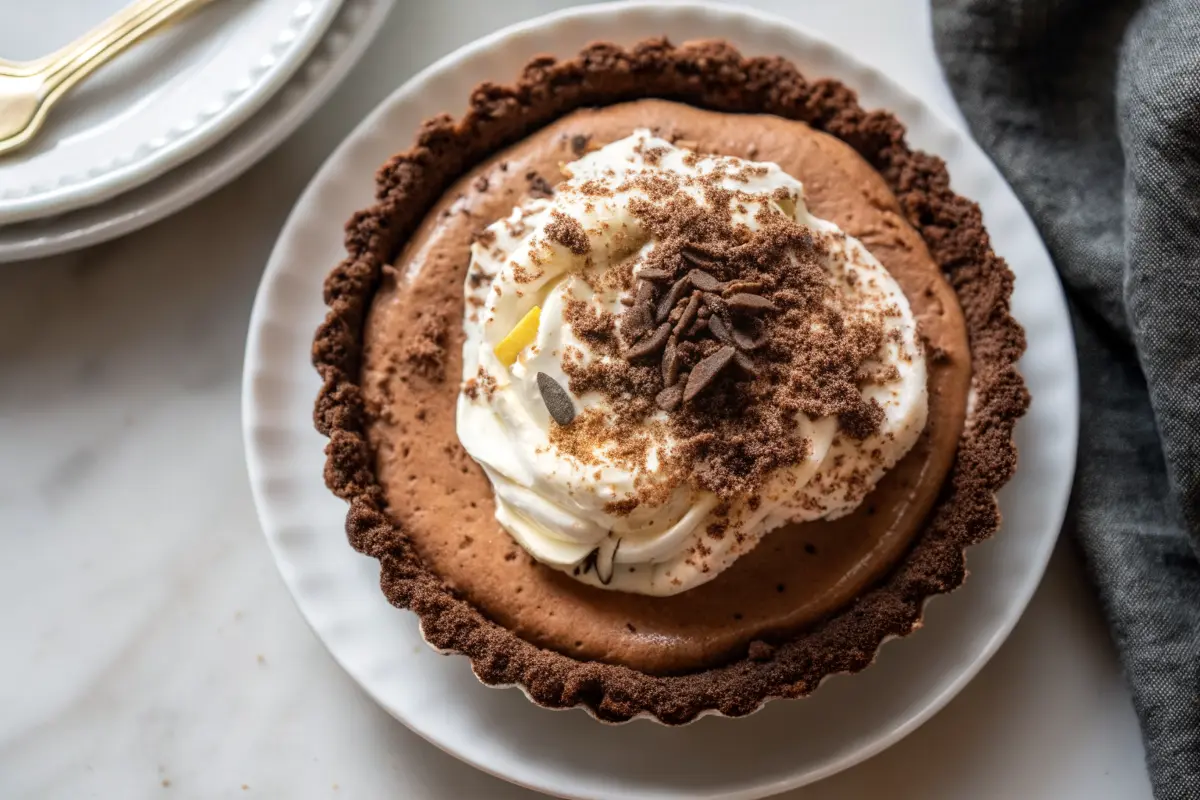 Chocolate Espresso Cream Pie with whipped cream and chocolate curls