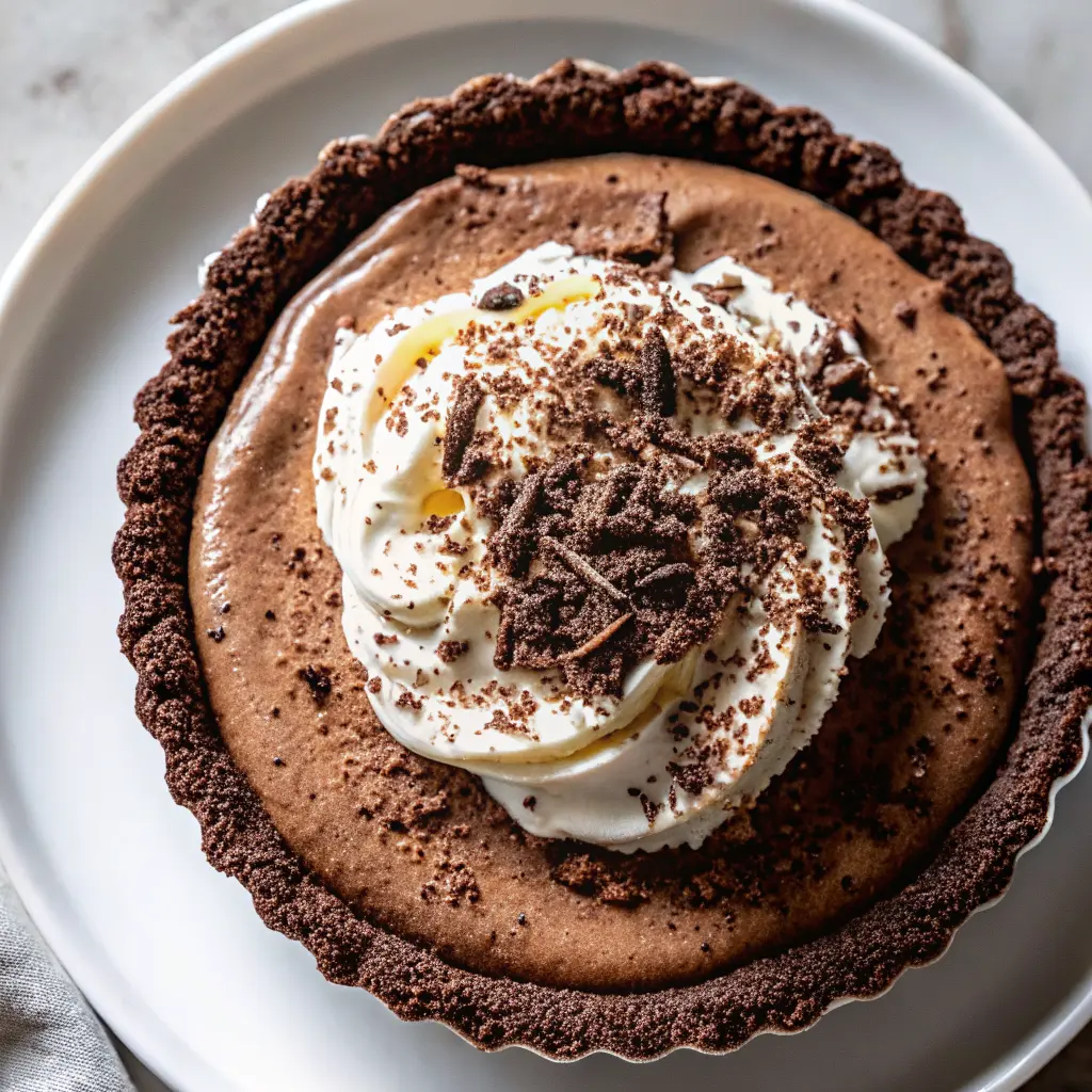 Chocolate Espresso Cream Pie with whipped cream and chocolate curls