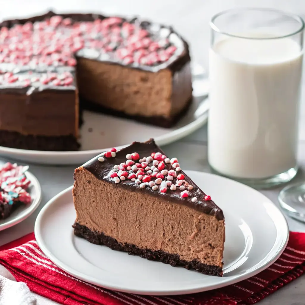 Slice of Chocolate Peppermint Cheesecake with ganache and crushed candy canes on top
