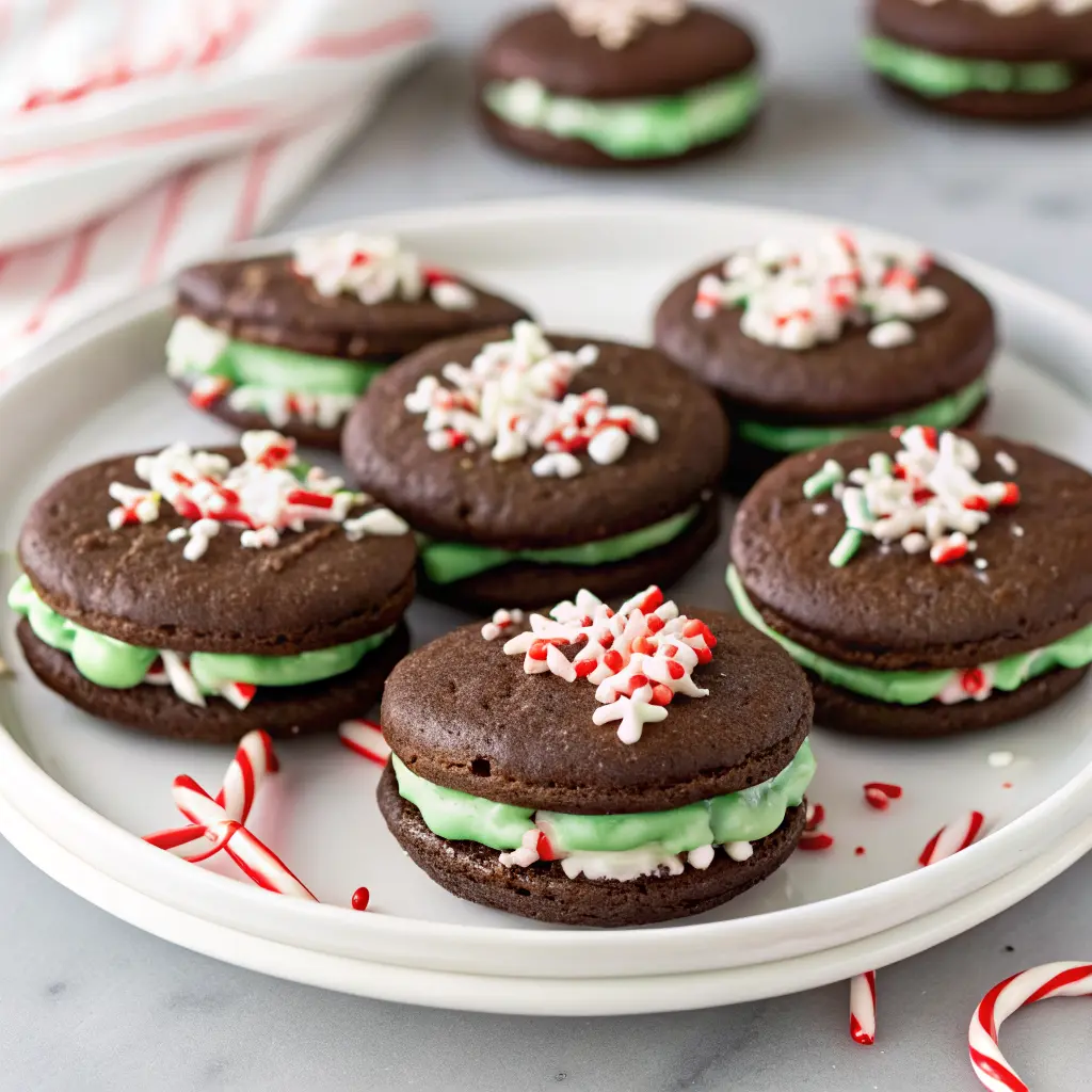 Chocolate Peppermint Sandwich Cookies with creamy mint filling and crushed candy canes