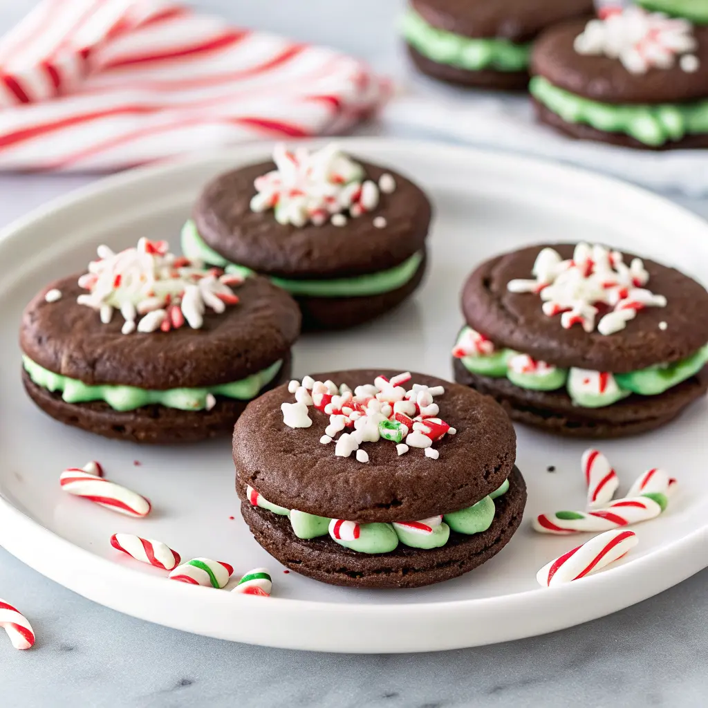 Chocolate Peppermint Sandwich Cookies with creamy mint filling and crushed candy canes