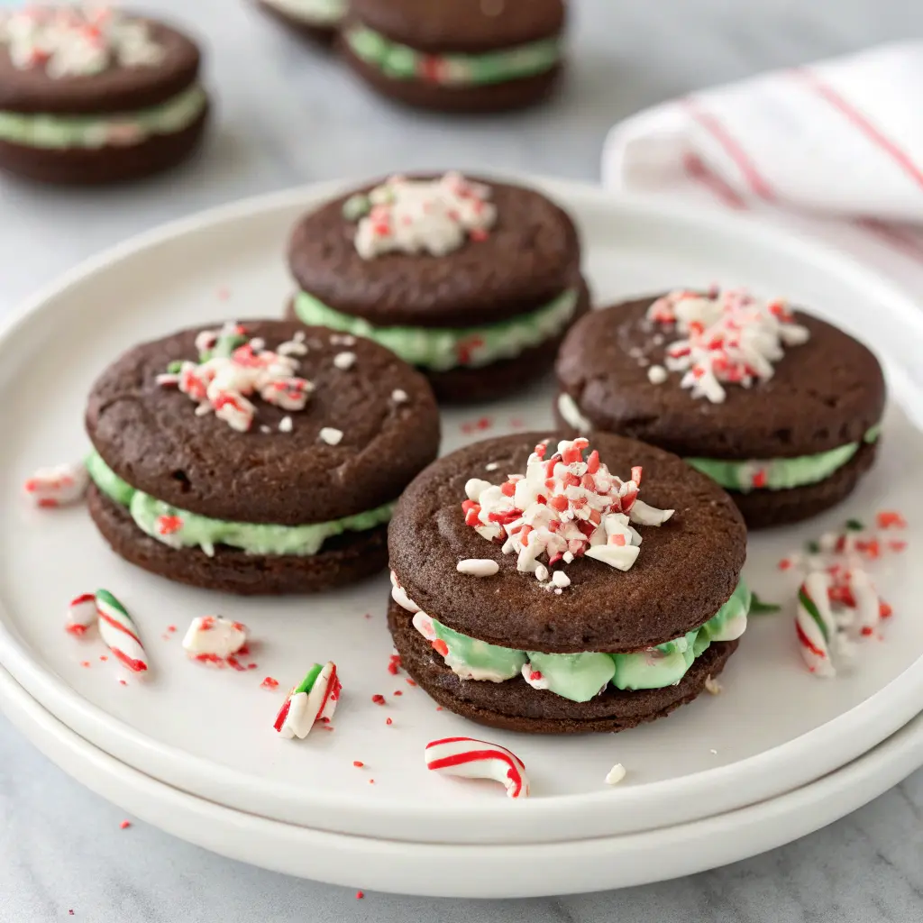 Chocolate Peppermint Sandwich Cookies with creamy mint filling and crushed candy canes