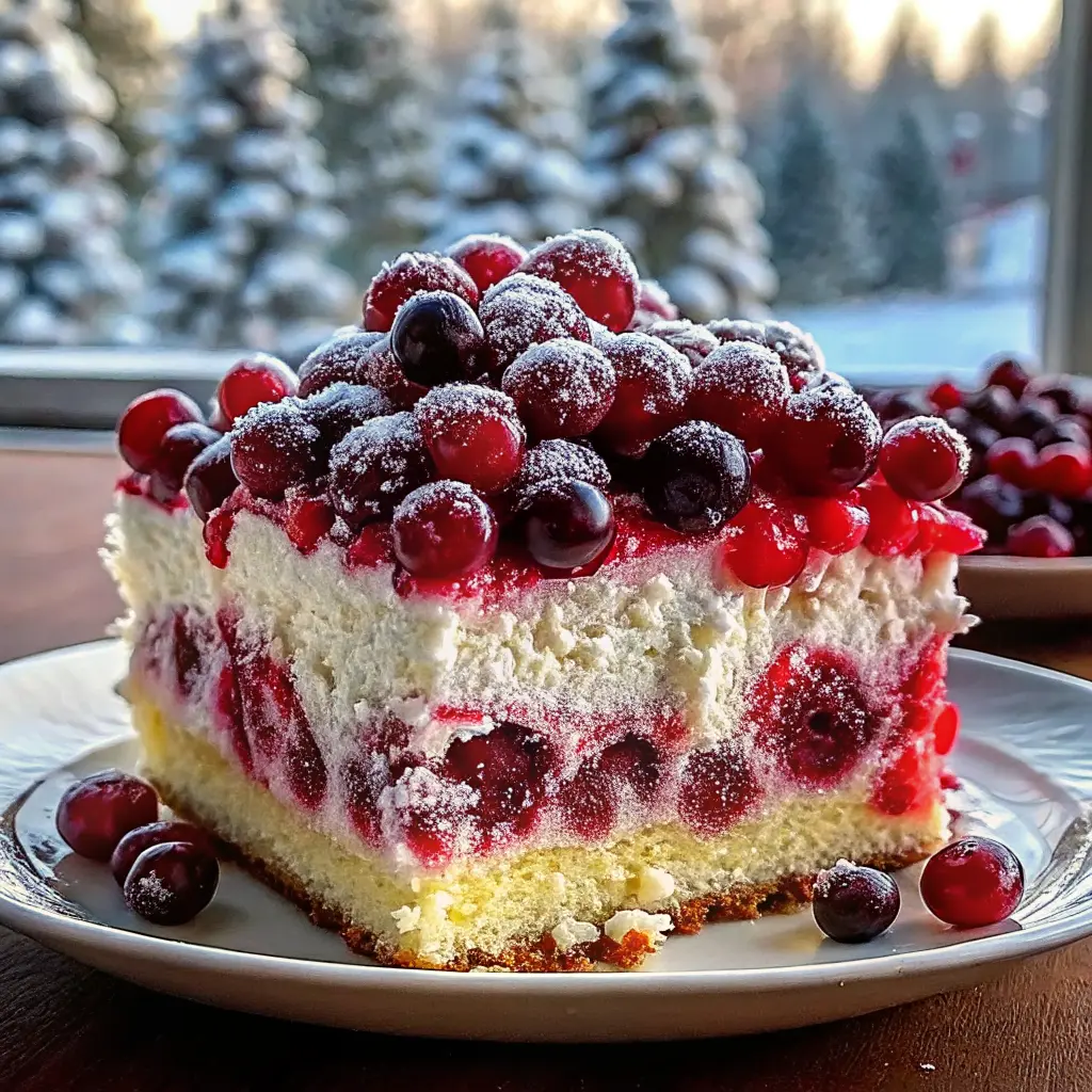 Christmas Cranberry Poke Cake Recipe slice with cranberry ribbons and whipped topping