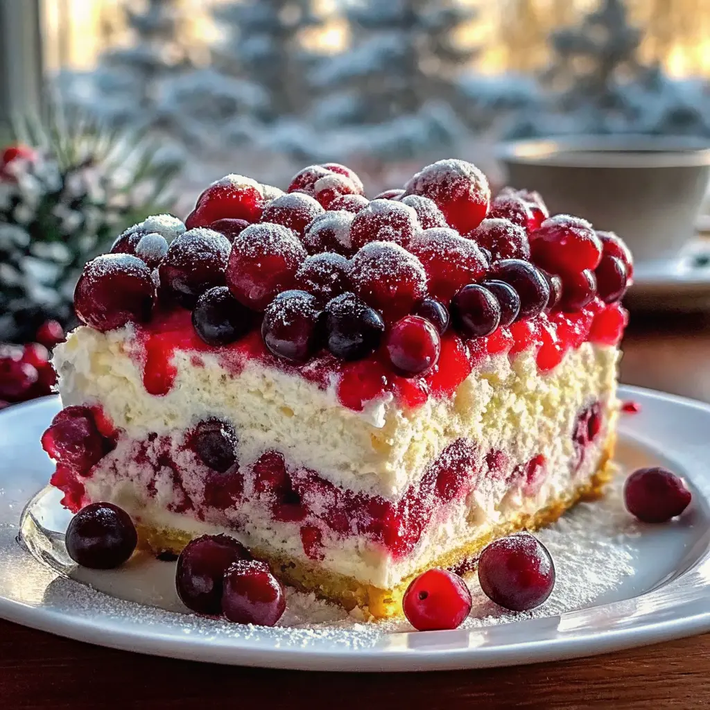 Christmas Cranberry Poke Cake Recipe slice with cranberry ribbons and whipped topping