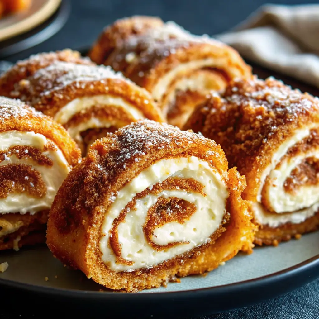 Cinnamon Cream Cheese Roll Ups Recipe stacked on a plate, coated in cinnamon sugar