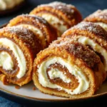 Cinnamon cream cheese roll ups Recipe stacked on a plate, coated in cinnamon sugar