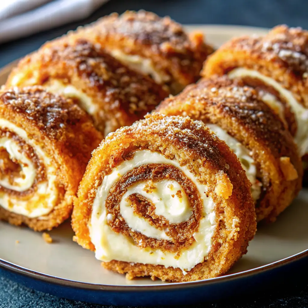 Cinnamon Cream Cheese Roll Ups Recipe stacked on a plate, coated in cinnamon sugar
