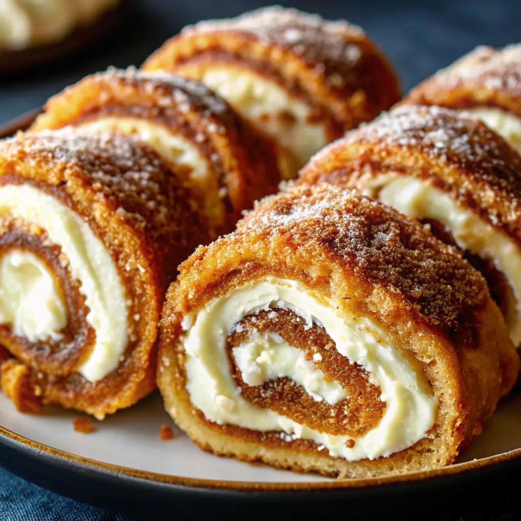 Cinnamon cream cheese roll ups Recipe stacked on a plate, coated in cinnamon sugar