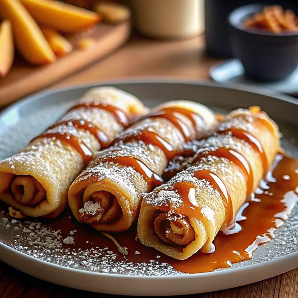 Cinnamon Roll French Toast Roll-Ups stacked on a platter with cinnamon sugar and maple syrup