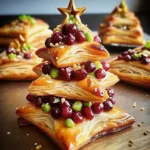 Cranberry, Camembert and pistachio Christmas tree puff pastry appetizer on a wooden board
