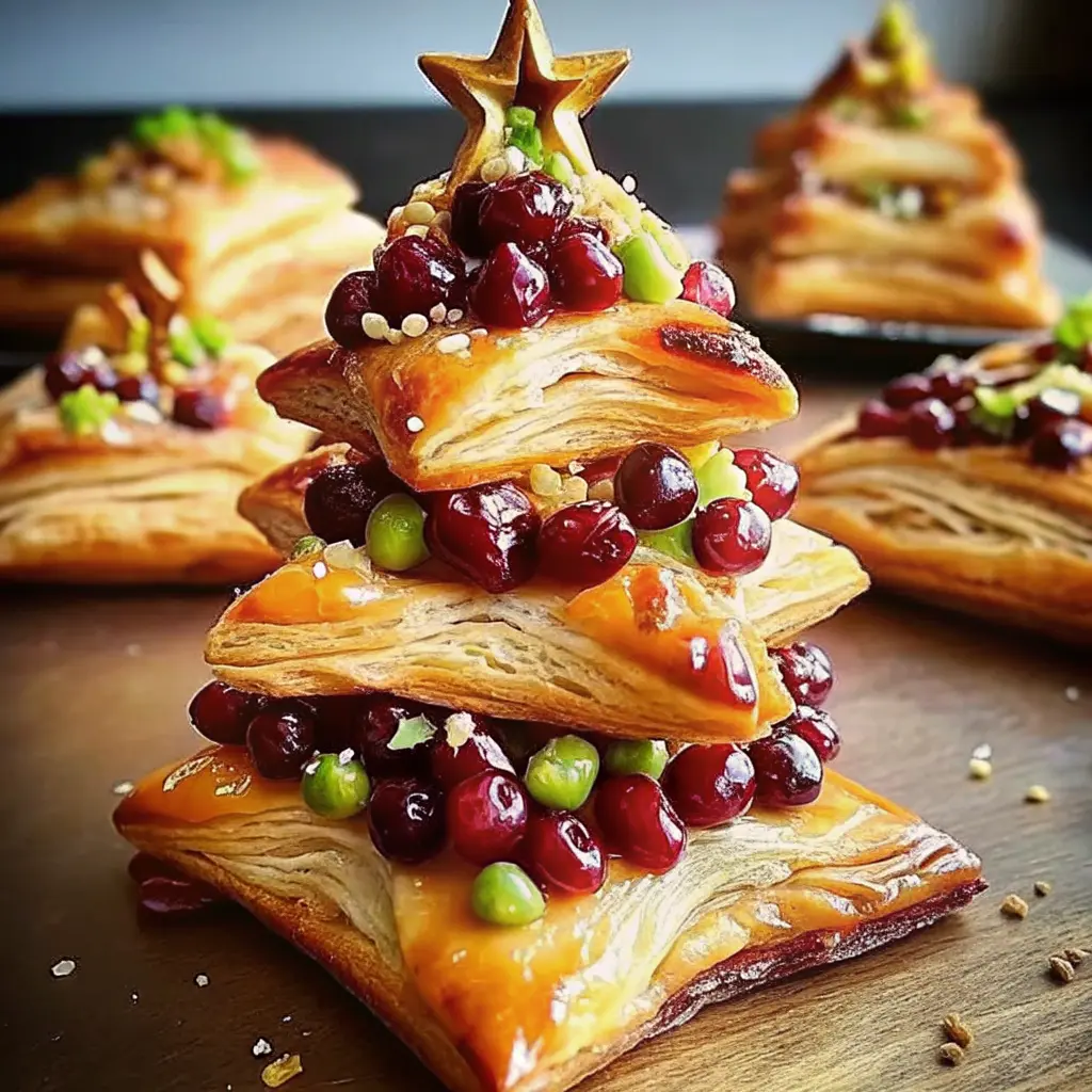 Cranberry, Camembert and pistachio Christmas tree puff pastry appetizer on a wooden board