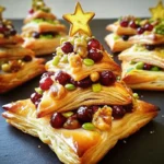 Cranberry, Camembert and pistachio Christmas tree puff pastry appetizer on a wooden board