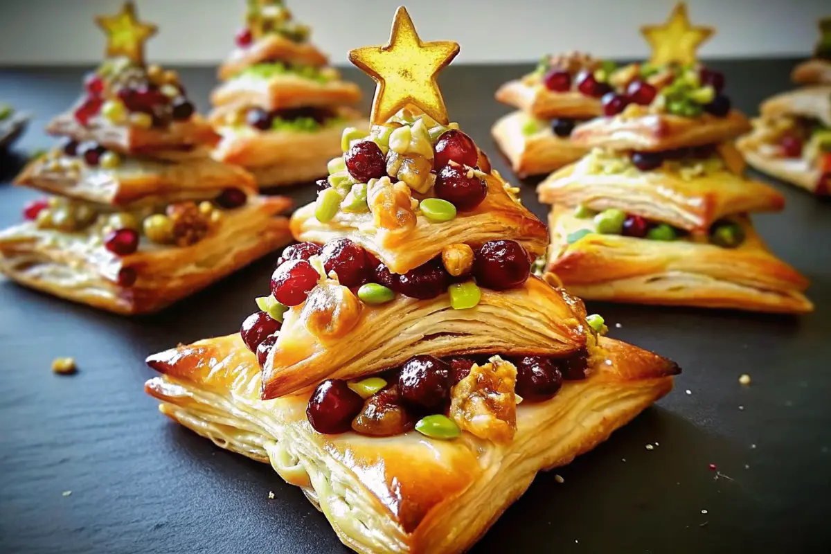 Cranberry, Camembert and pistachio Christmas tree puff pastry appetizer on a wooden board