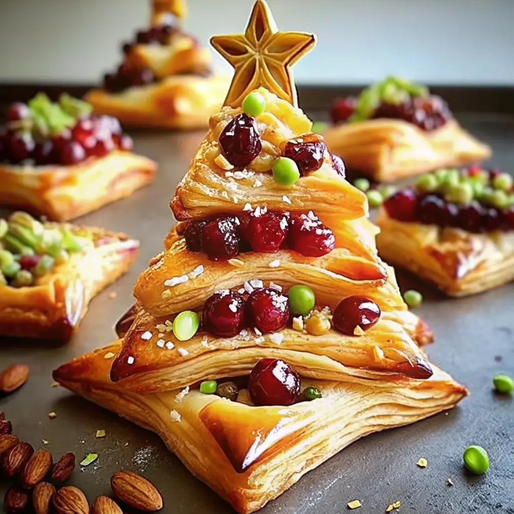 Cranberry, Camembert and pistachio Christmas tree puff pastry appetizer on a wooden board