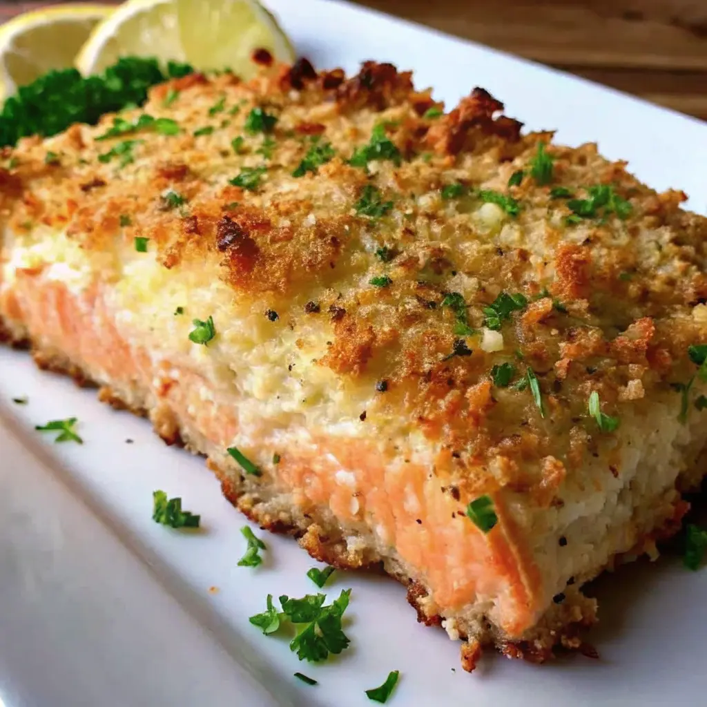 Crispy Parmesan Crusted Baked Salmon recipe fillets with lemon slices