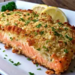 Crispy Parmesan Crusted Baked Salmon recipe fillets with lemon slices