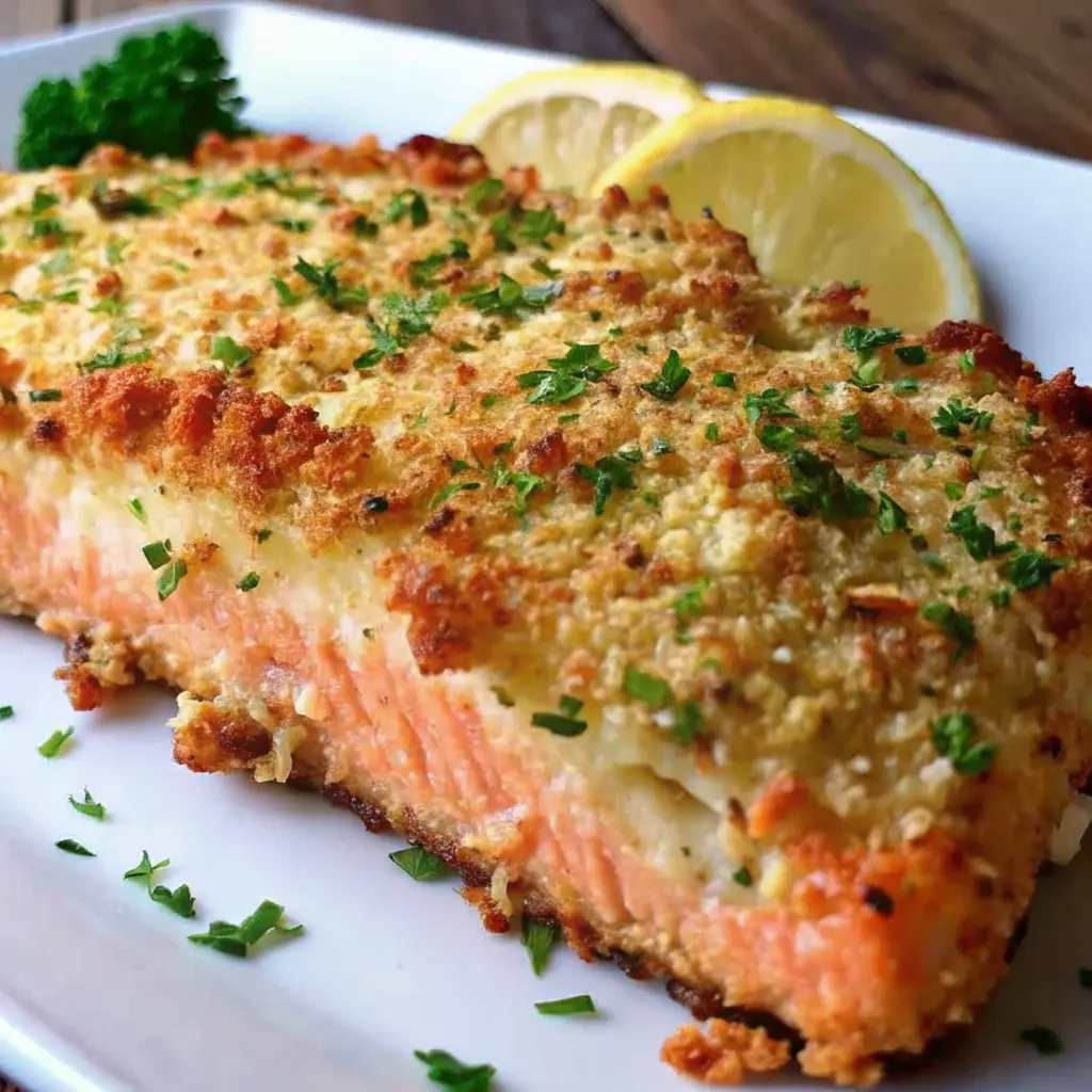 Crispy Parmesan Crusted Baked Salmon recipe fillets with lemon slices
