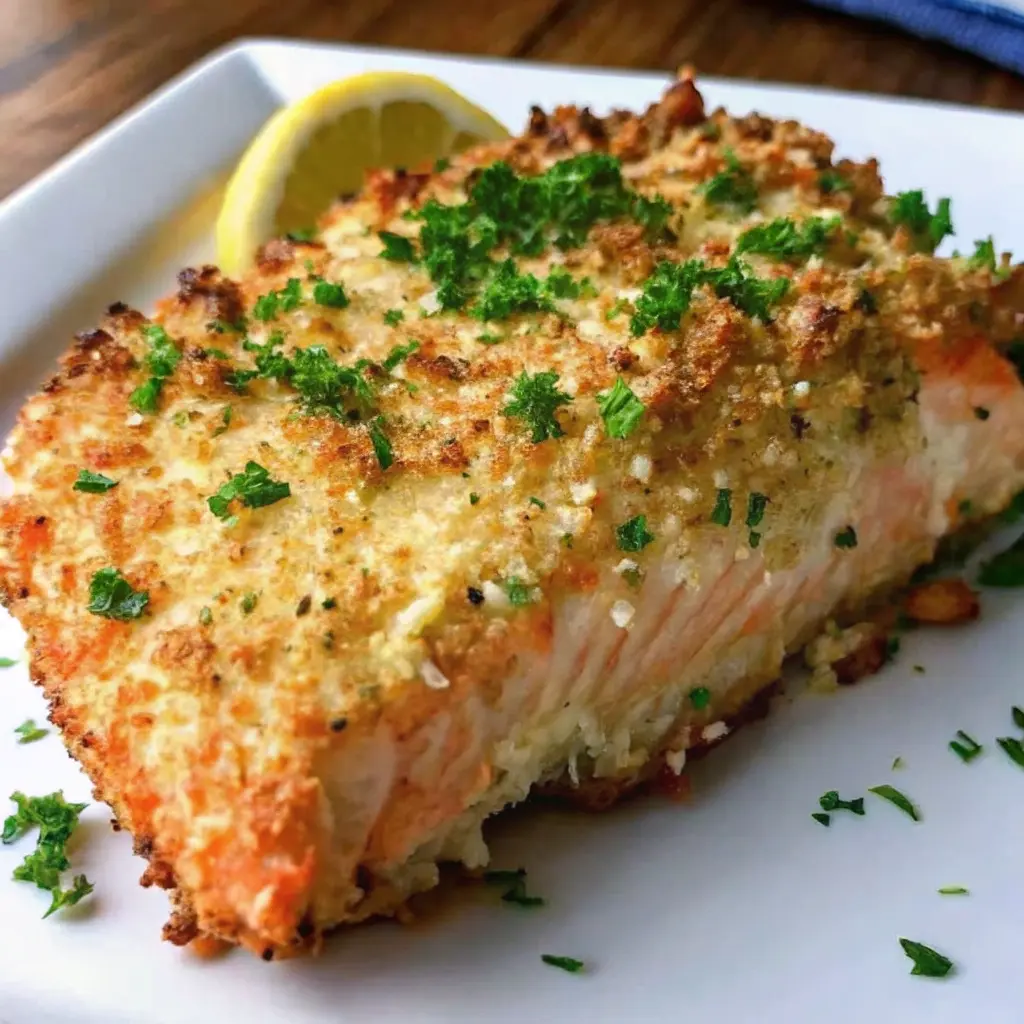 Crispy Parmesan Crusted Baked Salmon recipe fillets with lemon slices
