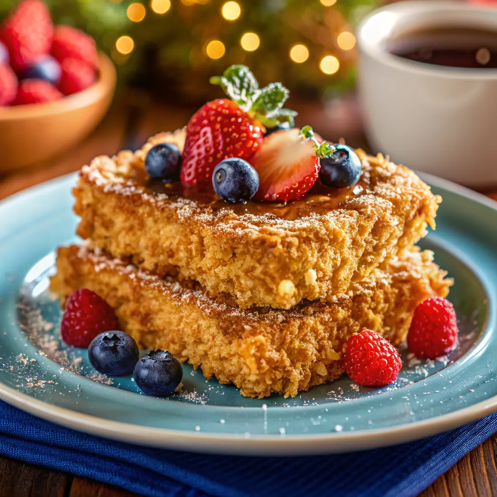 Golden Crunch Cornflake French Toast stacked on a plate with syrup and fresh berries