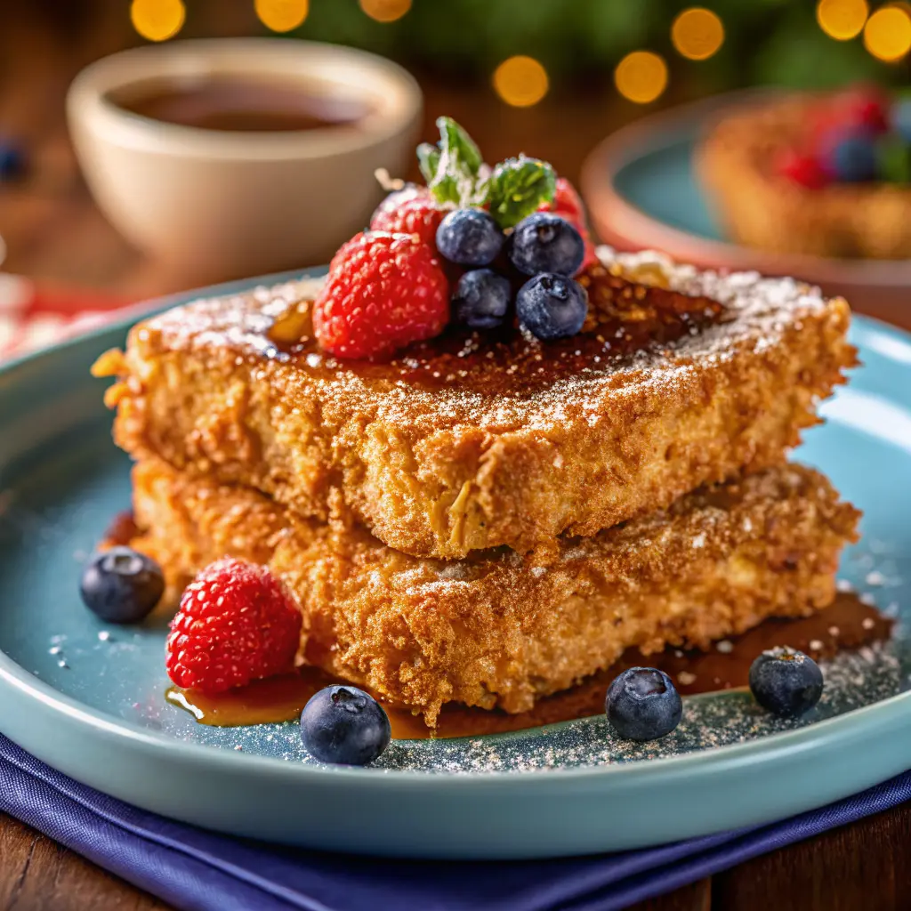 Golden Crunch Cornflake French Toast stacked on a plate with syrup and fresh berries