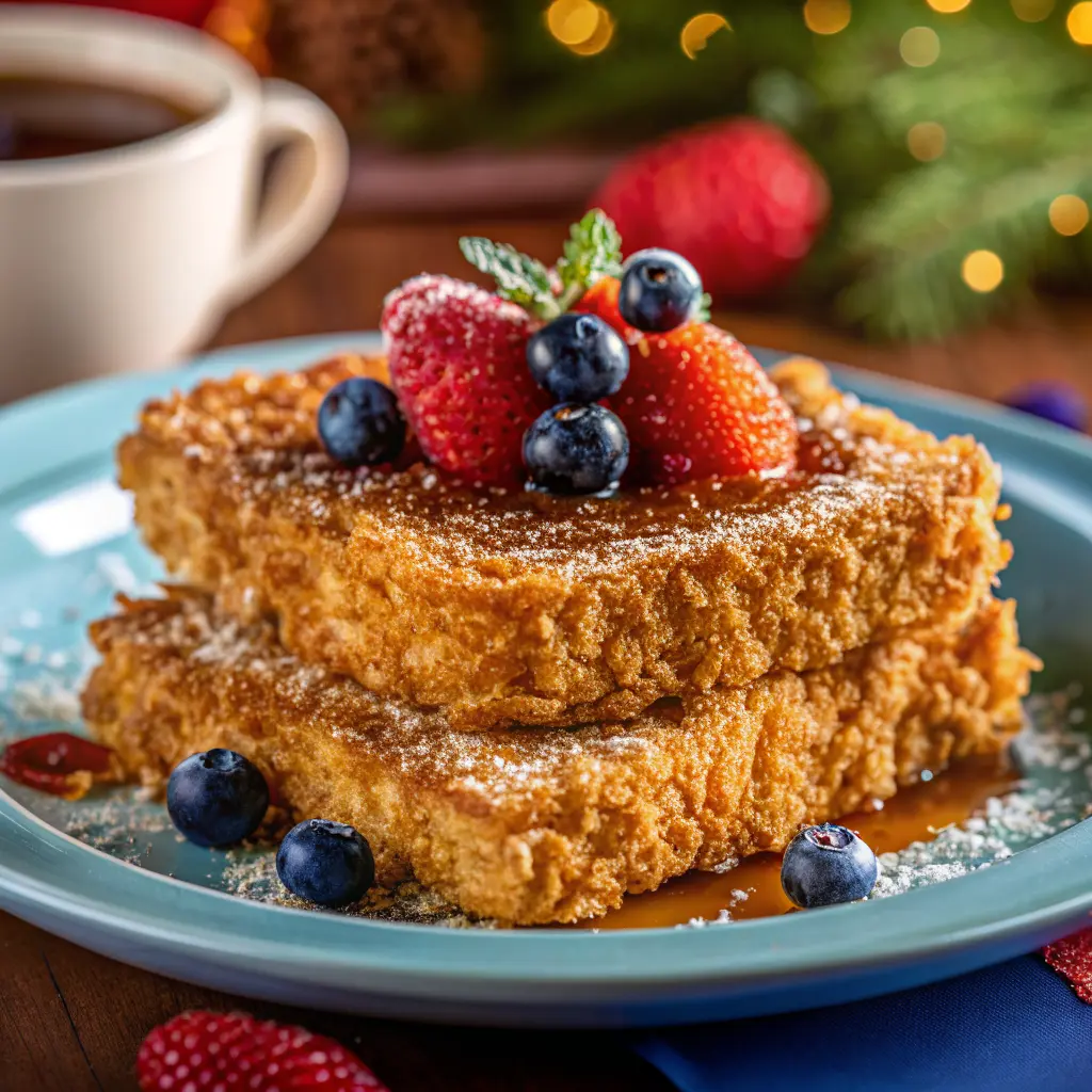 Golden Crunch Cornflake French Toast stacked on a plate with syrup and fresh berries