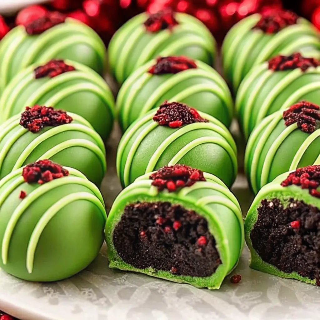 Grinch Oreo Balls Recipe coated in green candy melts with red heart sprinkles