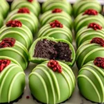 Grinch Oreo Balls Recipe coated in green candy melts with red heart sprinkles