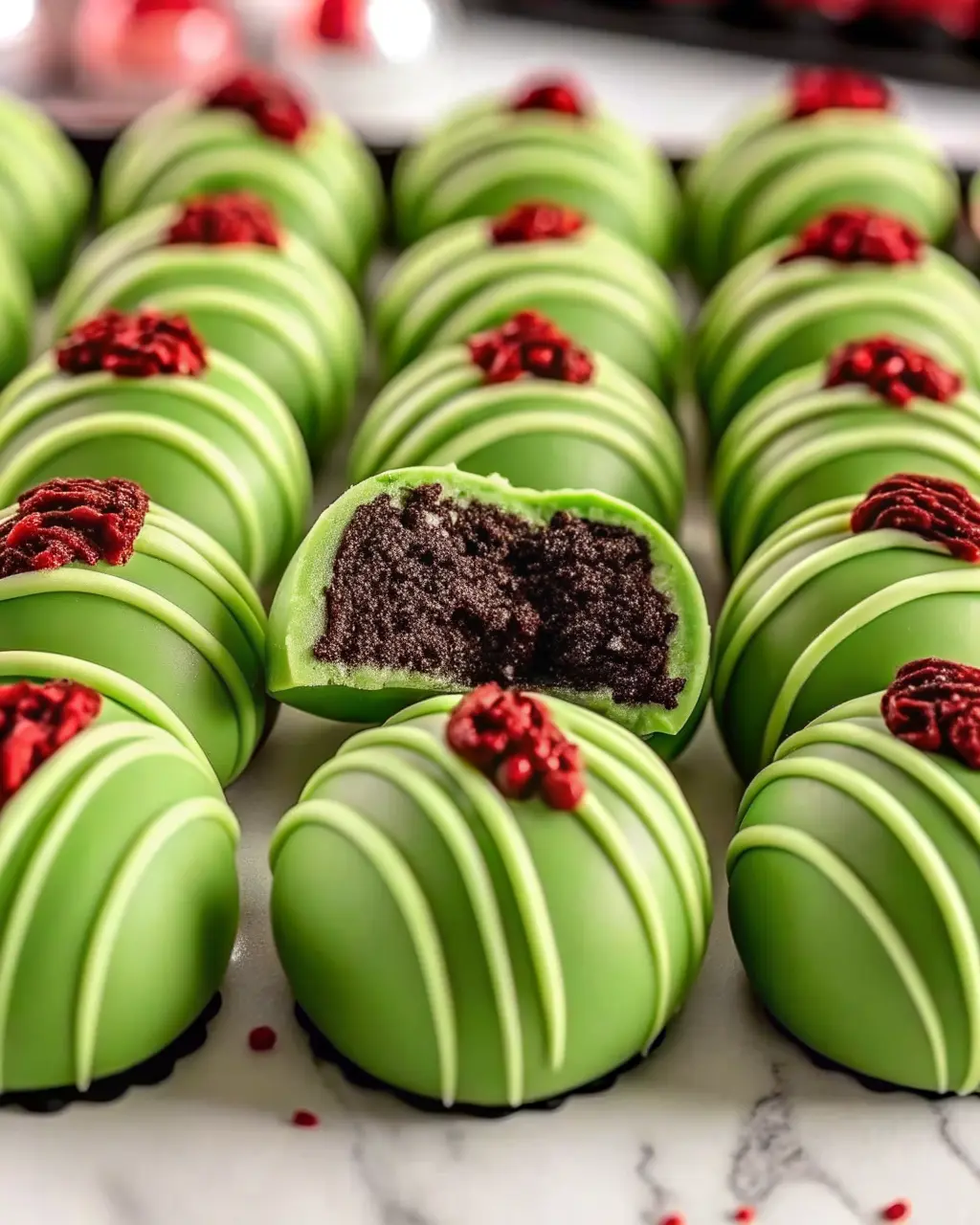 Grinch Oreo Balls Recipe coated in green candy melts with red heart sprinkles