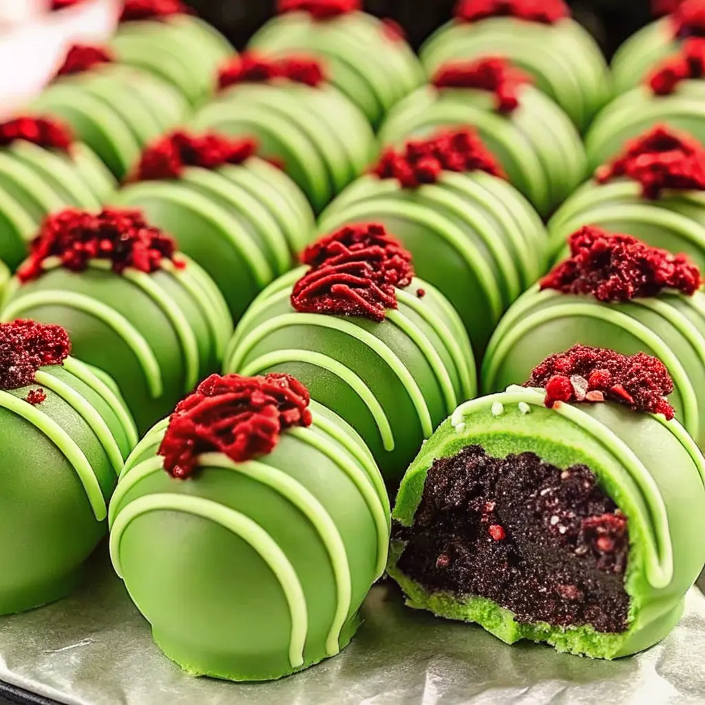Grinch Oreo Balls Recipe coated in green candy melts with red heart sprinkles