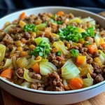Ground beef and chopped cabbage recipe in a rustic one-pan skillet