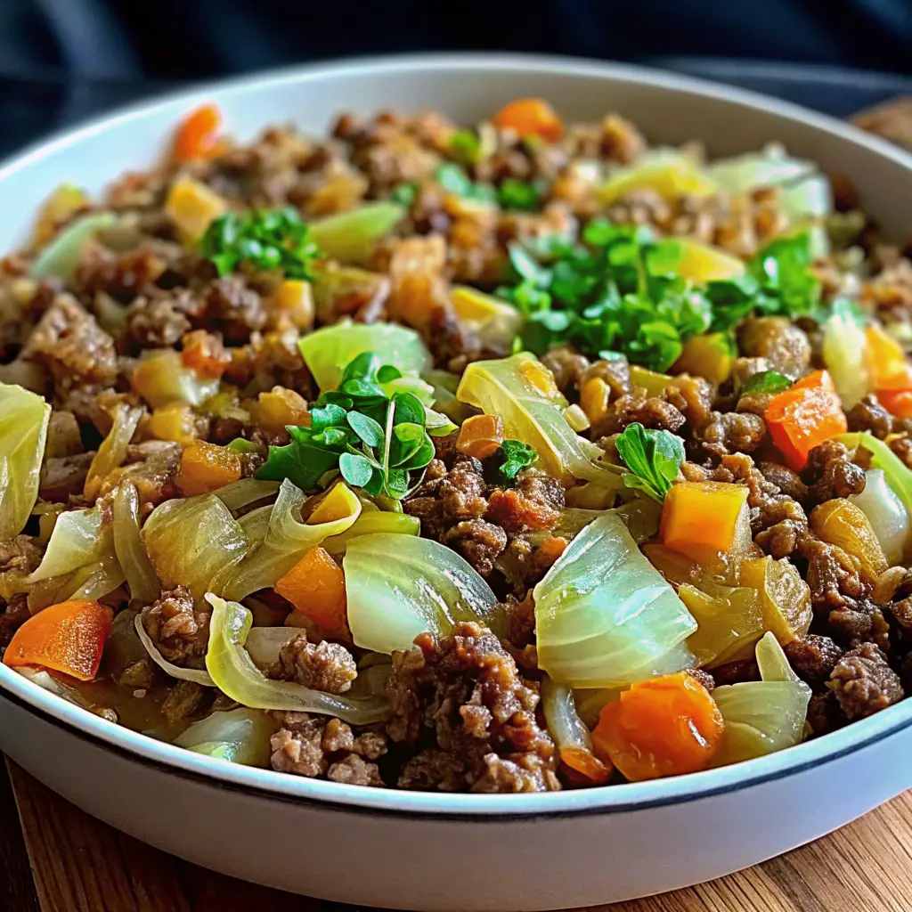 Ground beef and chopped cabbage recipe in a rustic one-pan skillet