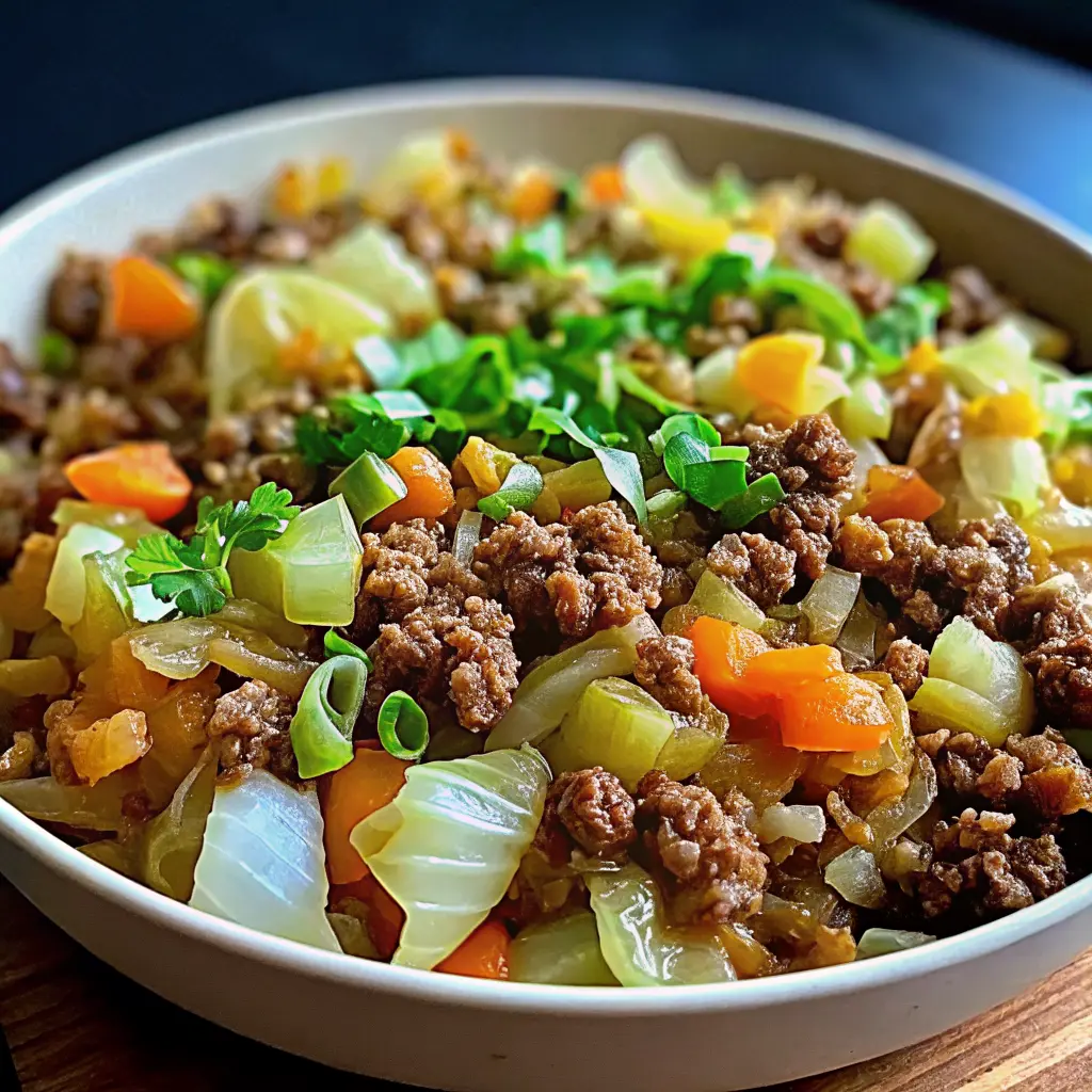 Ground beef and chopped cabbage recipe in a rustic one-pan skillet