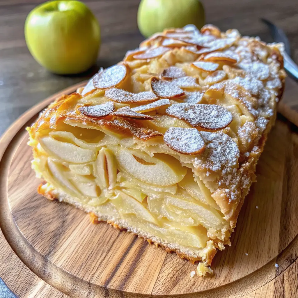 Invisible apple cake Recipe loaf with thin-layered apple slices on a wooden board