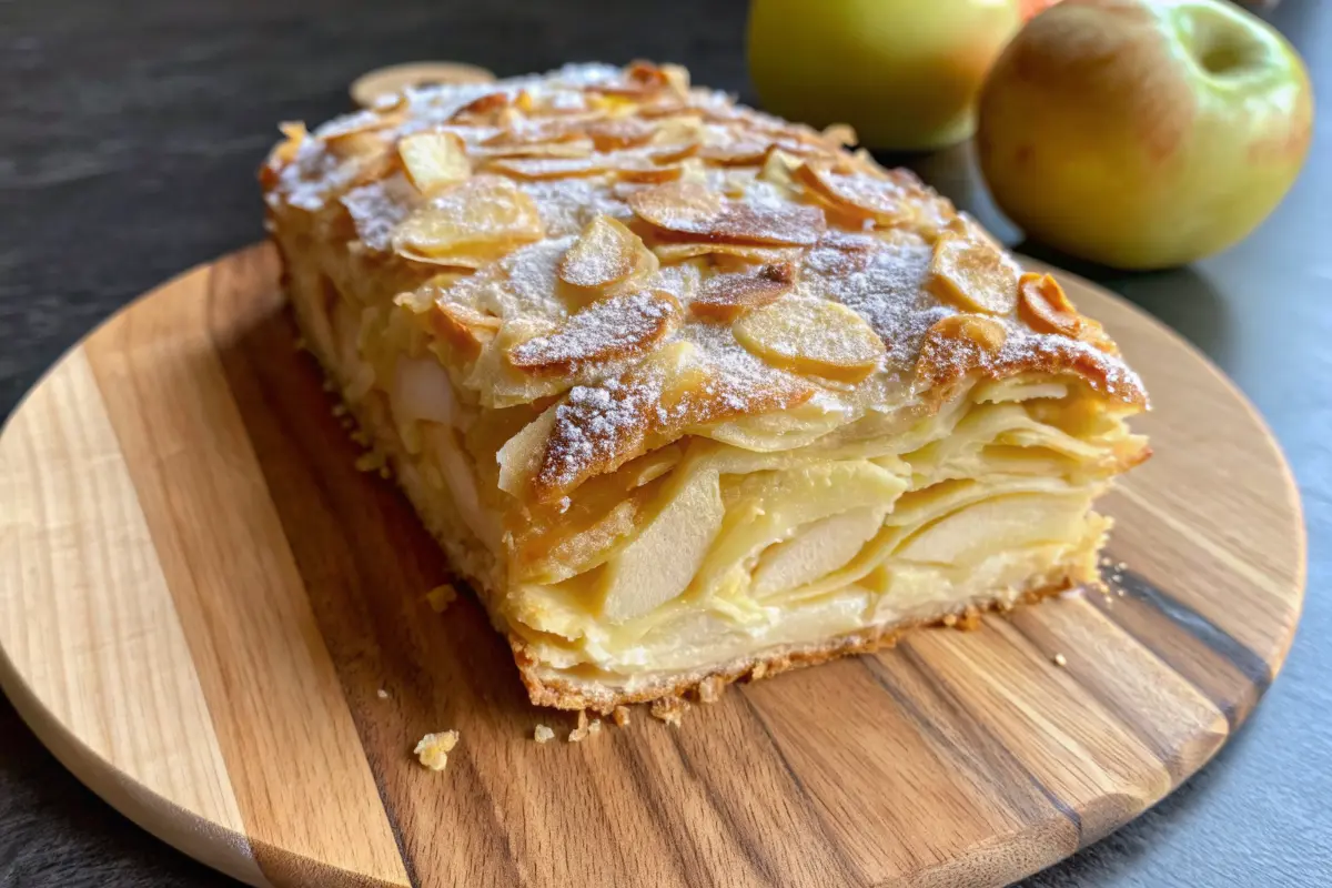 Layered invisible apple cake Recipe loaf with ultra-thin baked apple slices