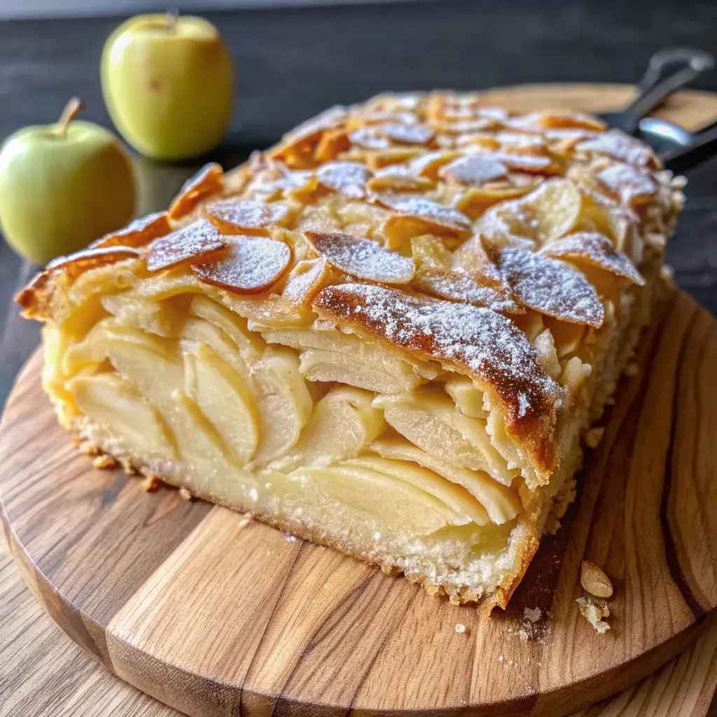 Invisible apple cake Recipe loaf with thin-layered apple slices on a wooden board