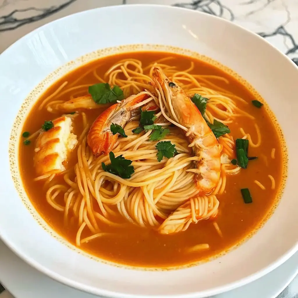 Bowl of Italian Fish and Pasta Soup Recipe in tomato broth with herbs
