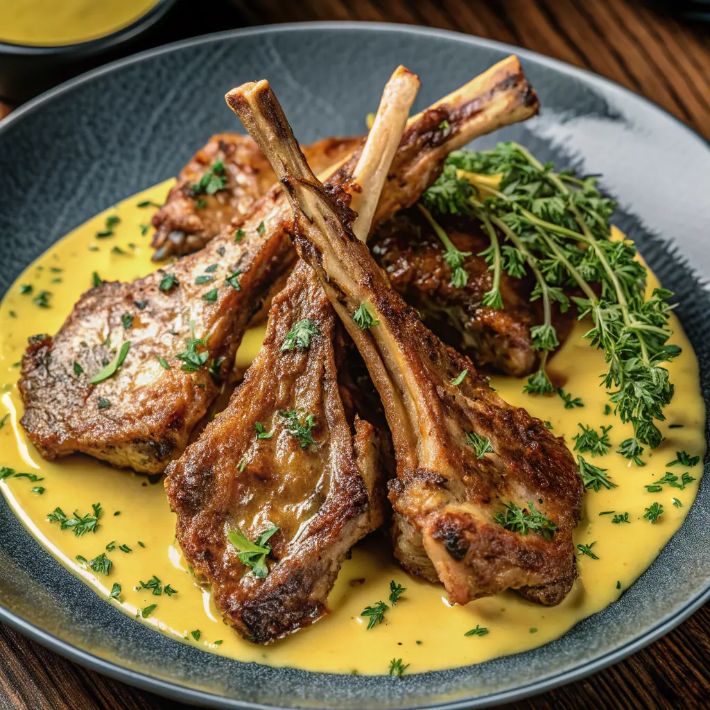 Lamb chops with mustard thyme sauce recipe served on a plate