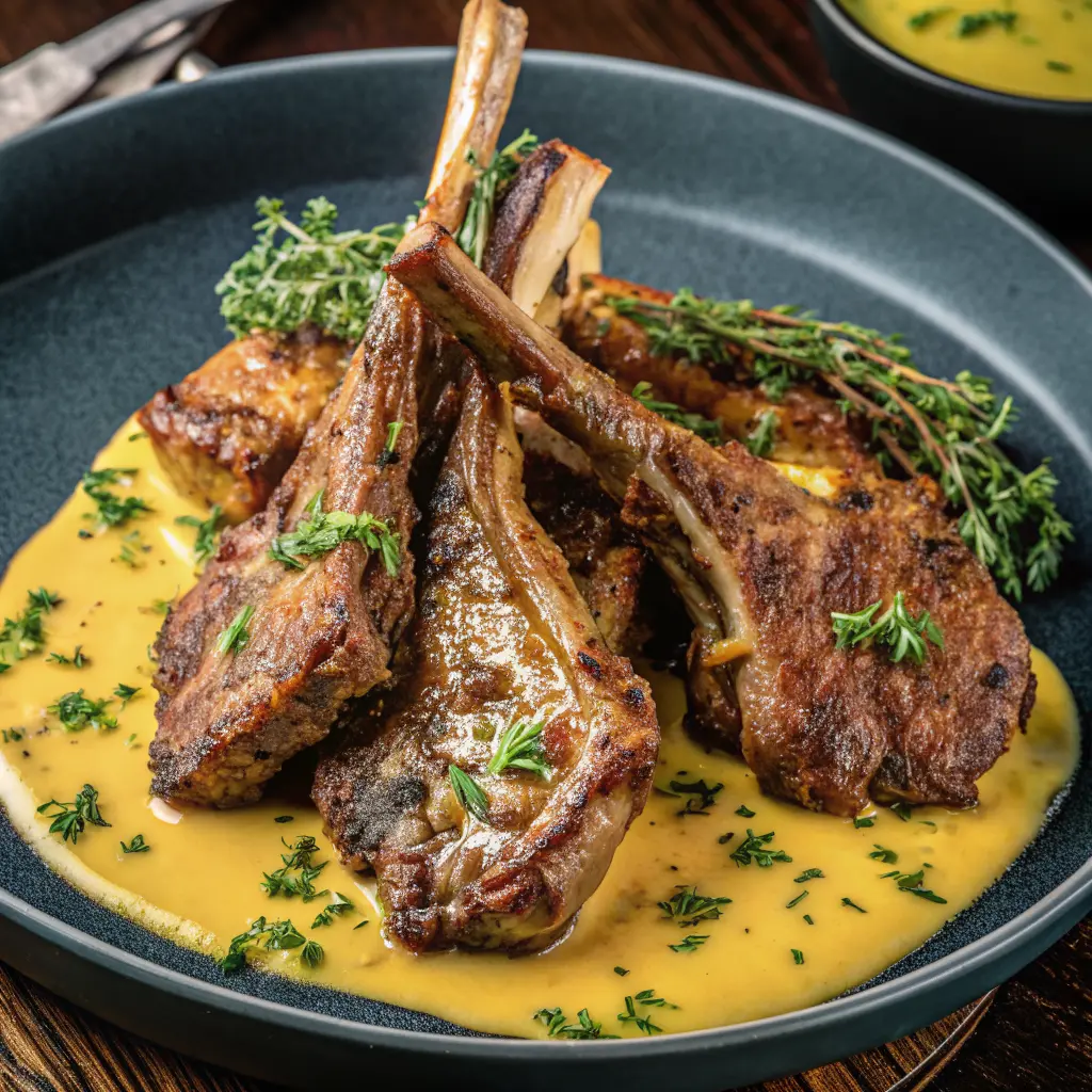 Lamb chops with mustard thyme sauce recipe served on a plate