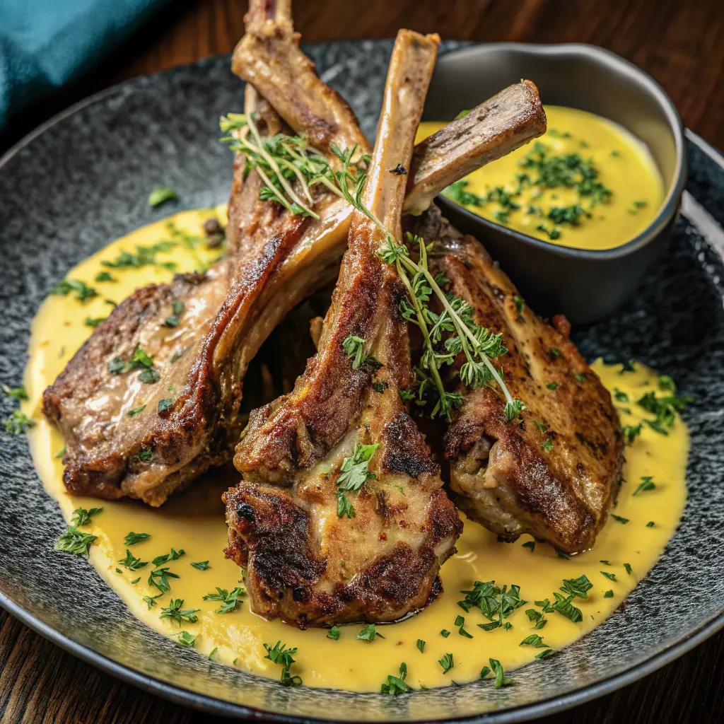 Lamb chops with mustard thyme sauce recipe served on a plate
