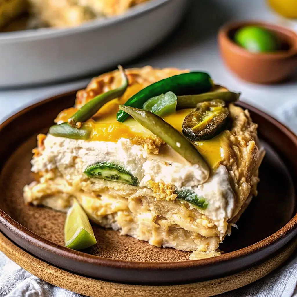 Layered chicken tortilla casserole with melted cheese in a baking dish