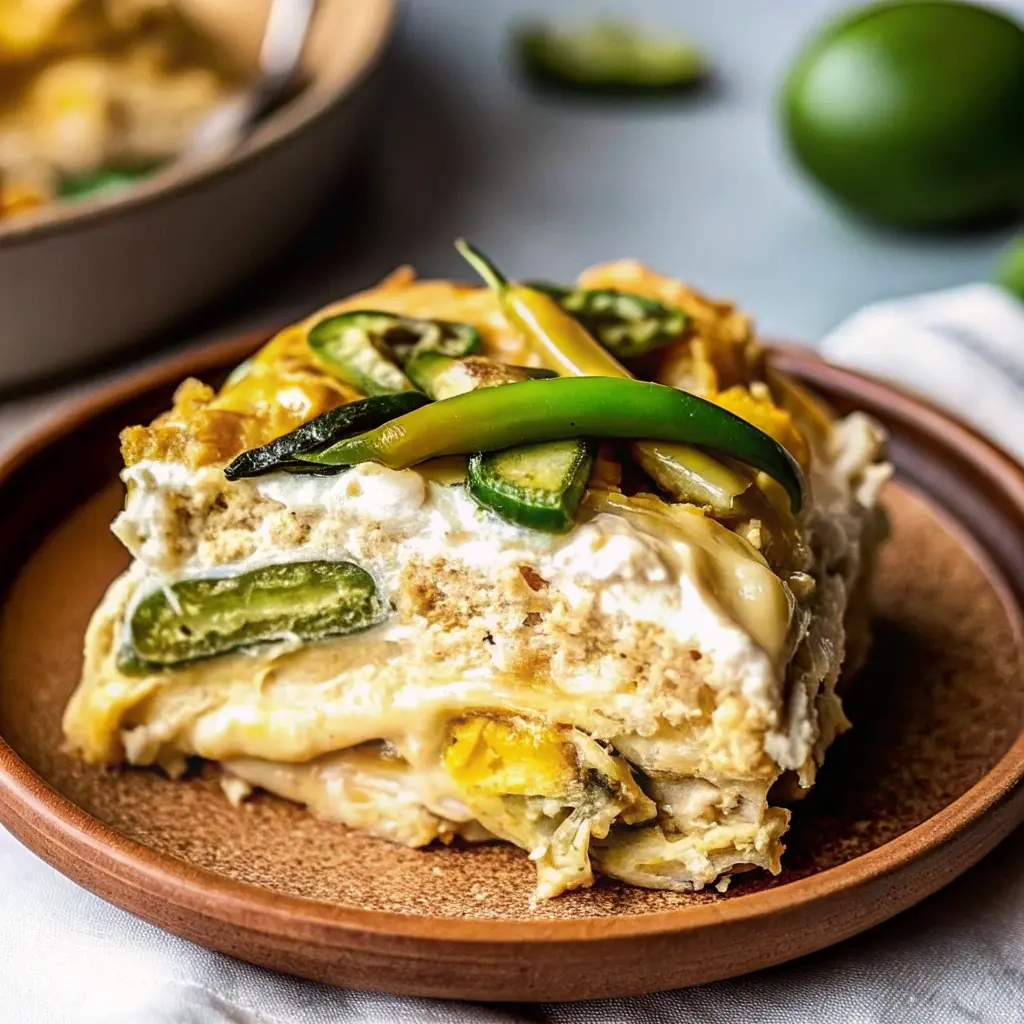 Layered chicken tortilla casserole with melted cheese in a baking dish