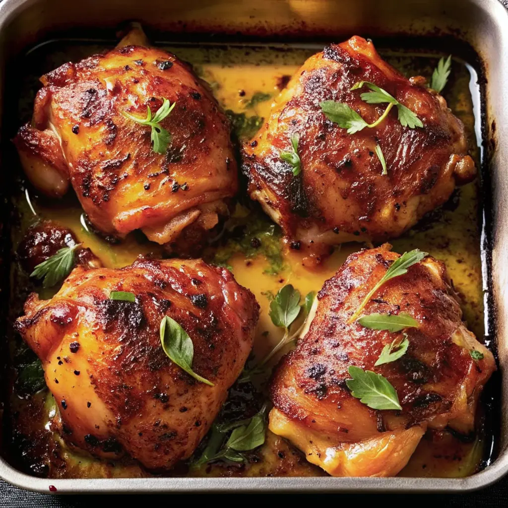 Juicy oven-baked chicken on a pan with herbs