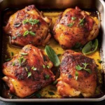 Juicy oven-baked chicken on a pan with herbs