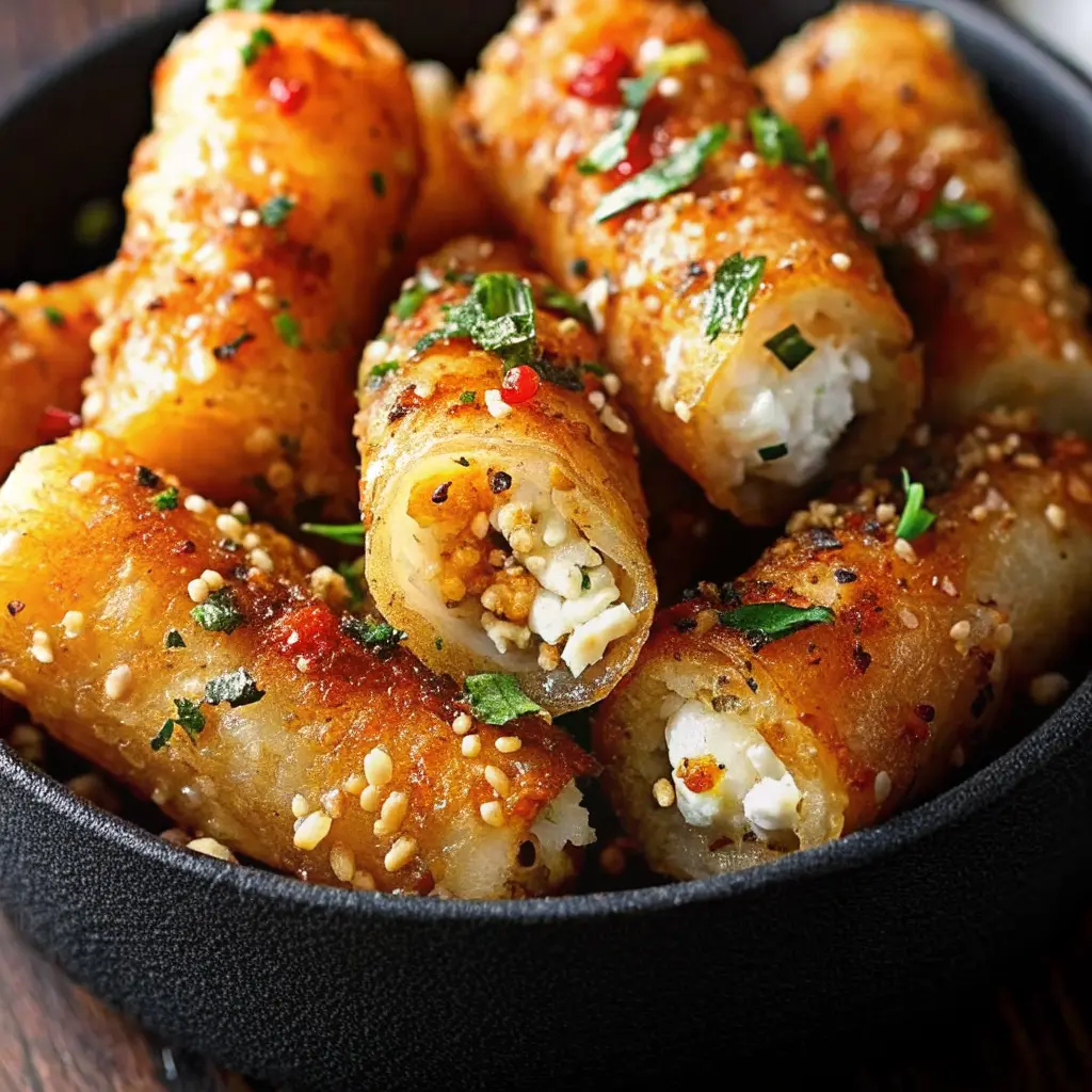 Oven Fried Feta Rolls with Chili Honey on a platter, drizzled with chili honey and ready to serve